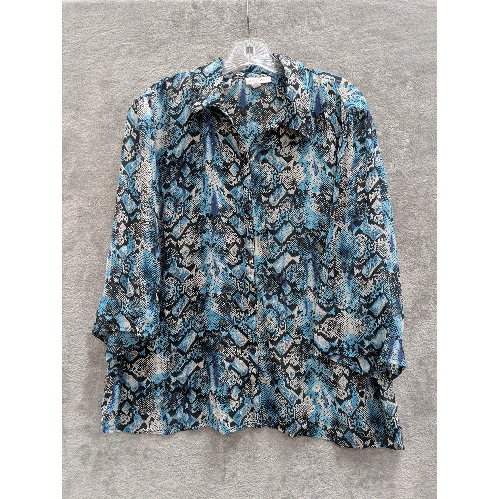 Fashion Bug Blouse Womens XL Blue Animal Print Chiffon 3/4 Sleeve Button Top